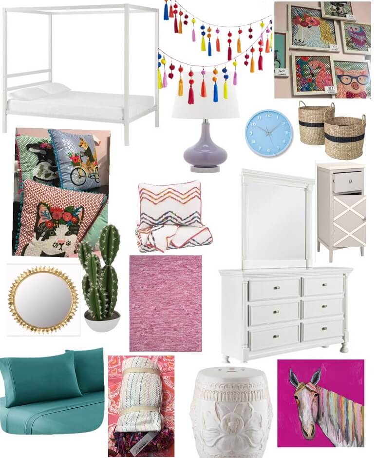 Product collage of a little girls room showing a bed, lighting options and other home accessories. 