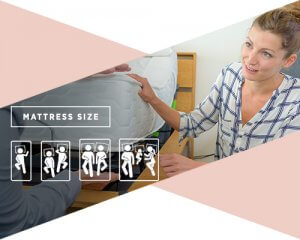 A chart of a woman looking at a mattress for child with the chart speaking to mattress sizes.
