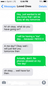 An image of a mock iphone text screen with text conversations about a "me day"