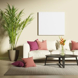 areca palm plan in contemporary living room with beige couch and pink pillows