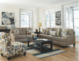 living room with green and blue accents