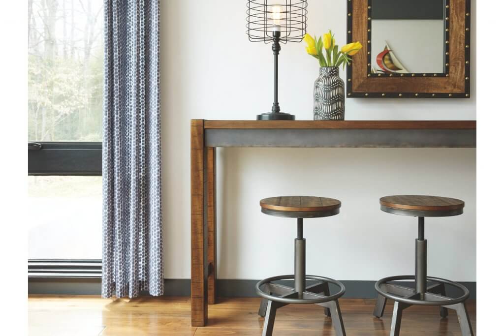 long brown table with brown stools