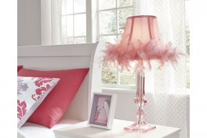 pink table lamp with feathers