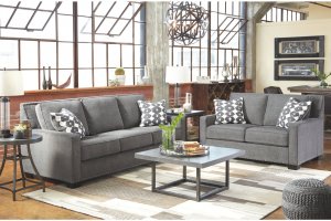 living room with grey couch