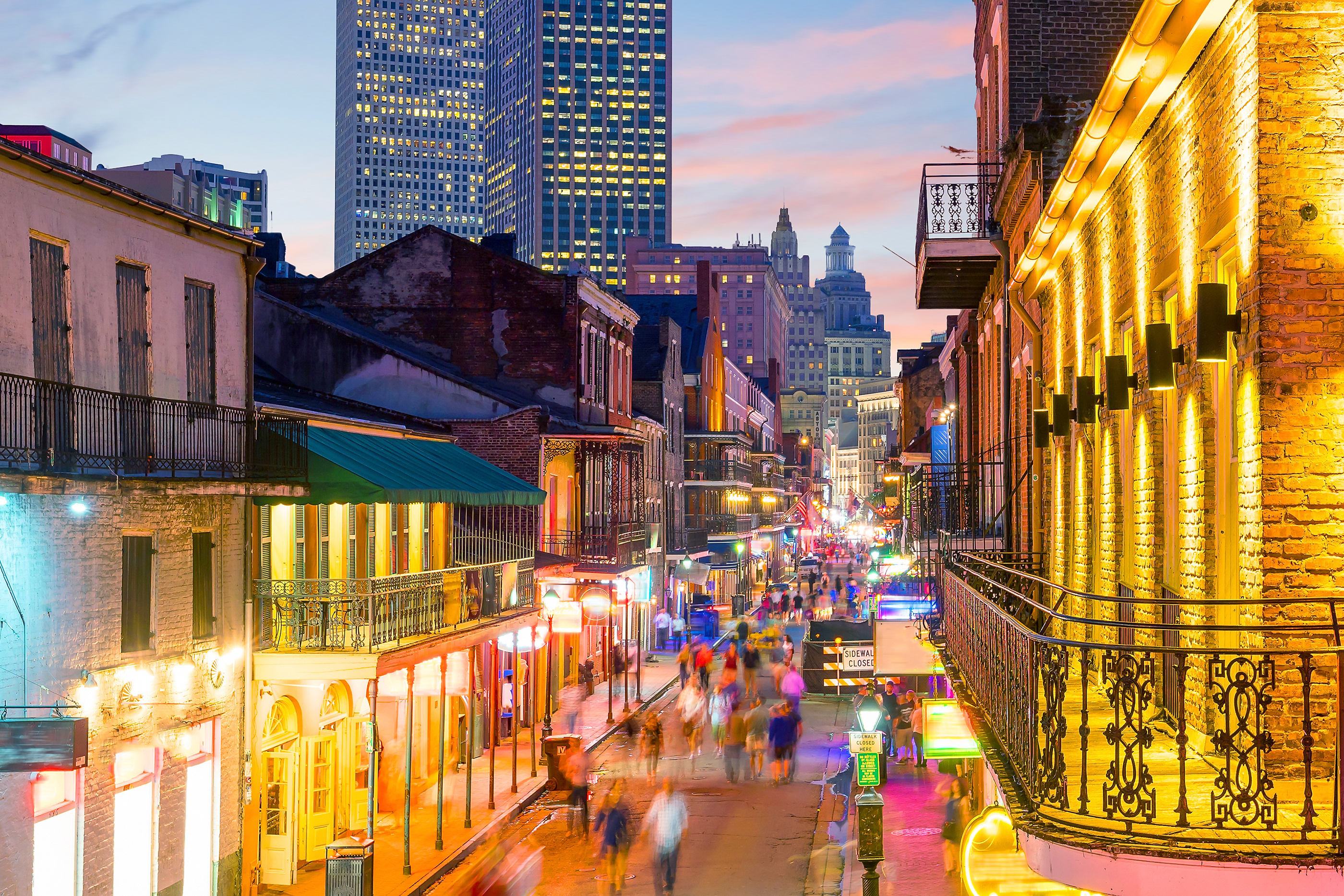 Pubs and bars with neon lights in the French Quarter, New Orleans USA