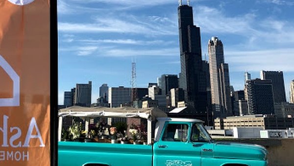 Flower truck and Chicago skyline.