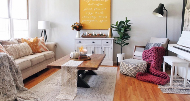 Warm tones and multiple textiles.