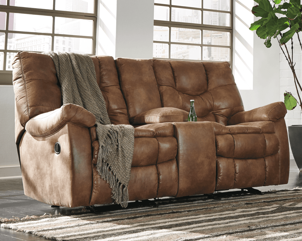 An example of a dual reclining loveseat with a console in the middle. 
