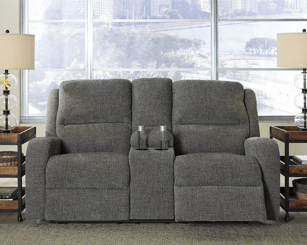 An example of upholstered dual-reclining loveseats that makes for great living room furniture. 