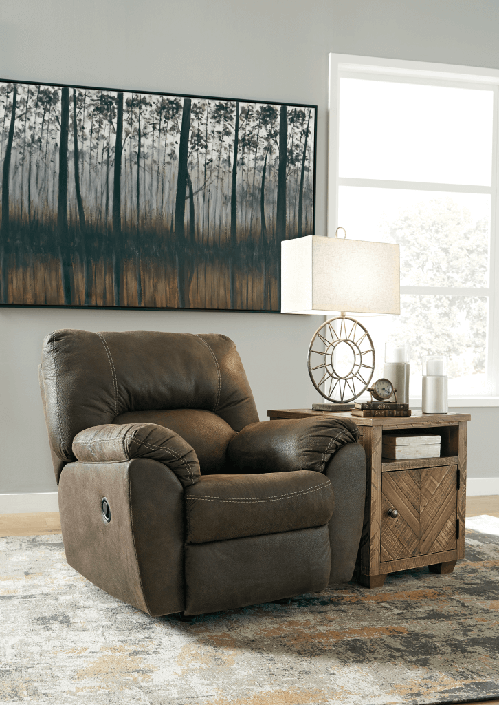 An example of a faux leather recliner that can be used for living room furniture.