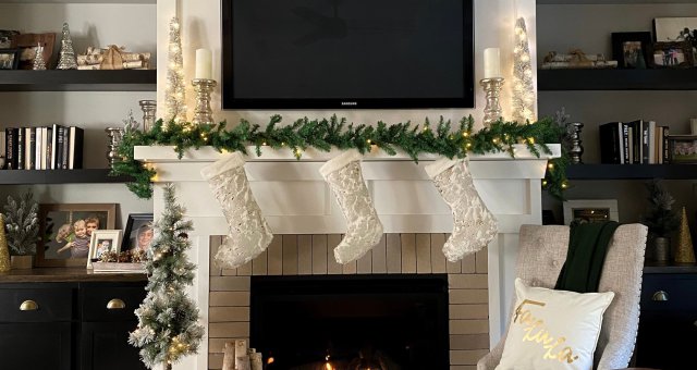 Holiday decorated fireplace