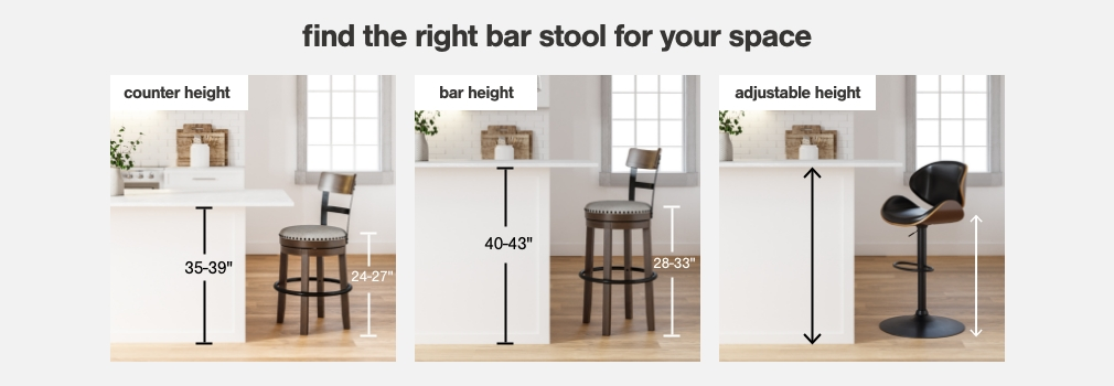 Bar stool examples including counter, bar, and adjustable heights